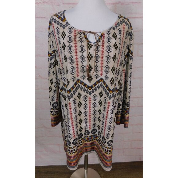 Cato Woman 18/20W Boho Tribal Print Tunic Top Long Sleeve Tie Neck - Picture 1 of 12